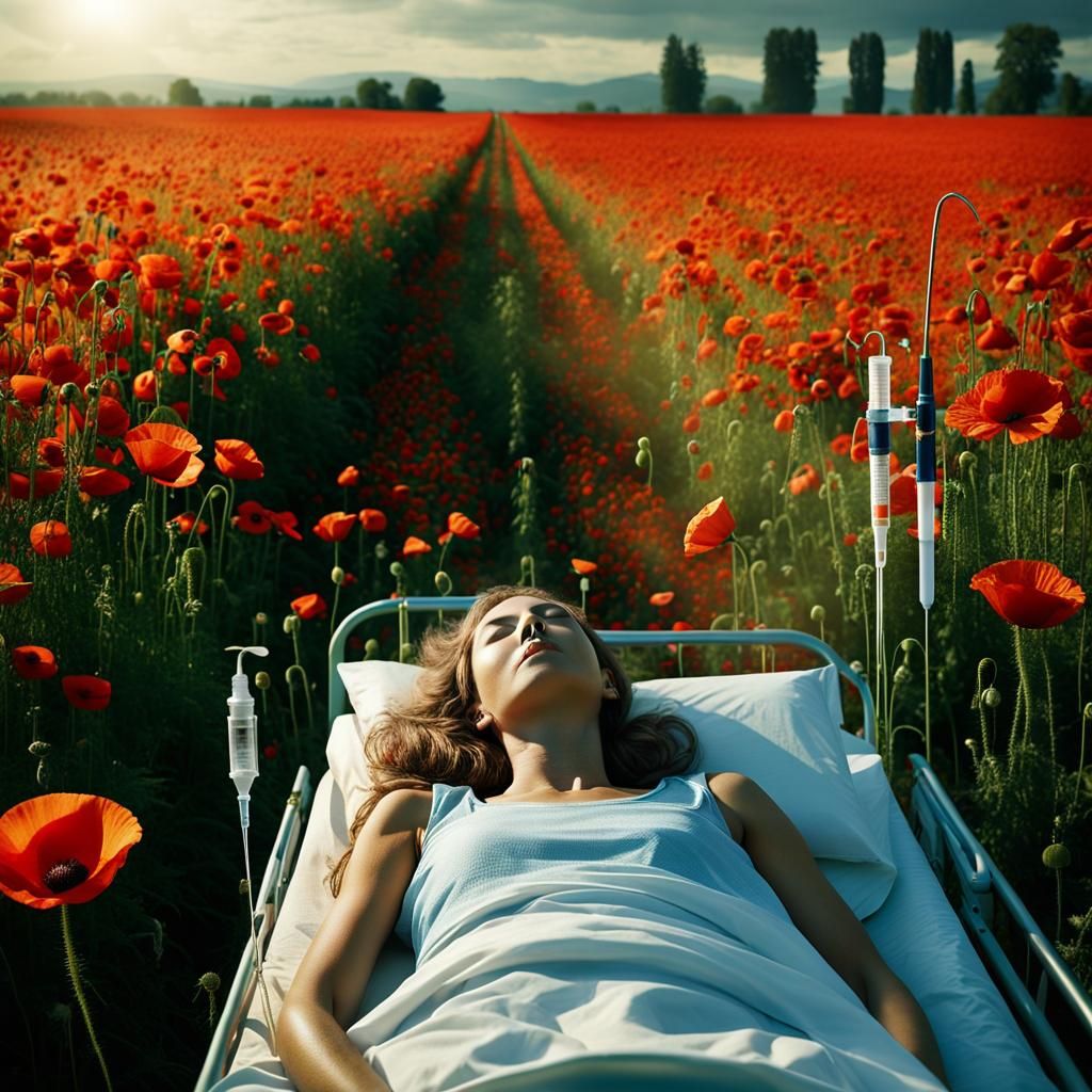 Hospital Bed in Poppy Field: Dark Fantasy Art