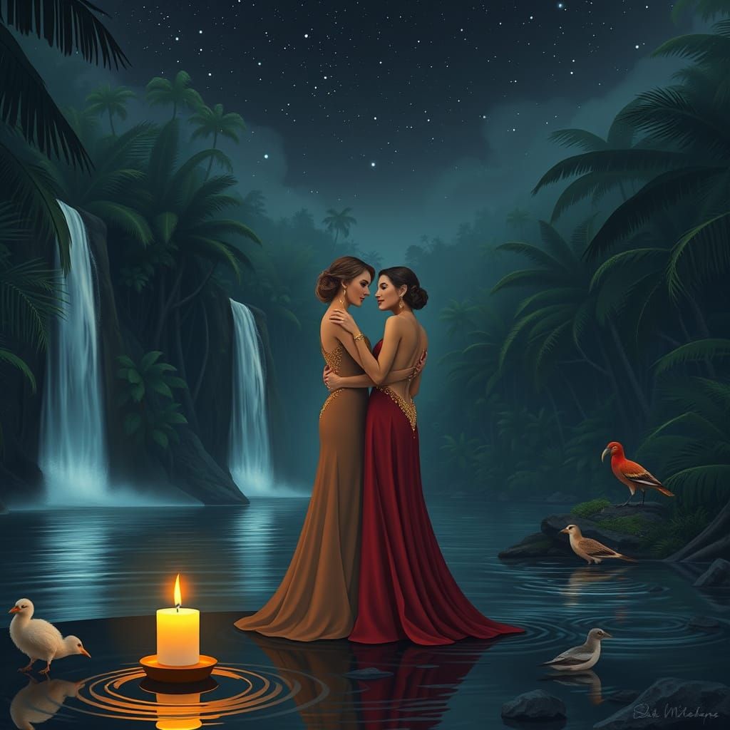 Two Elegant Women Embracing Under Starry Night Sky