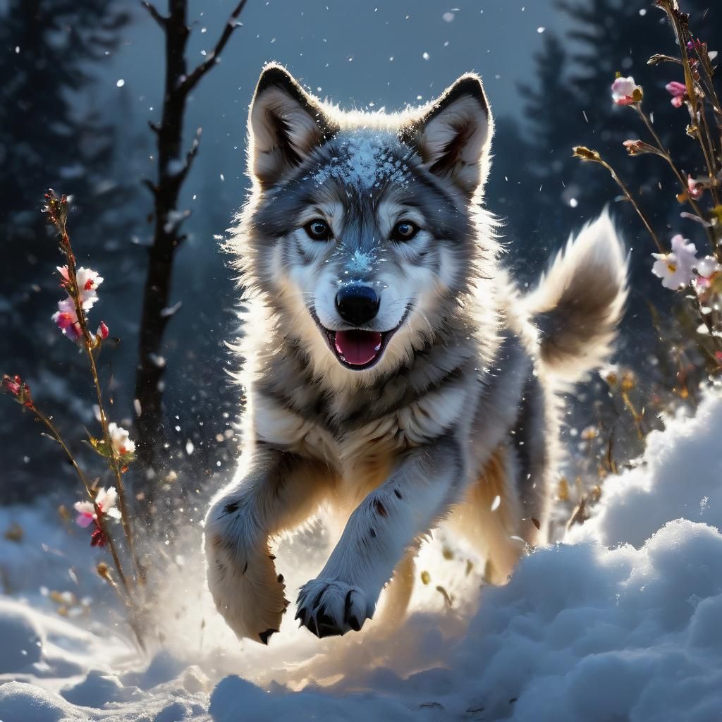 Wolf puppy playing in snow