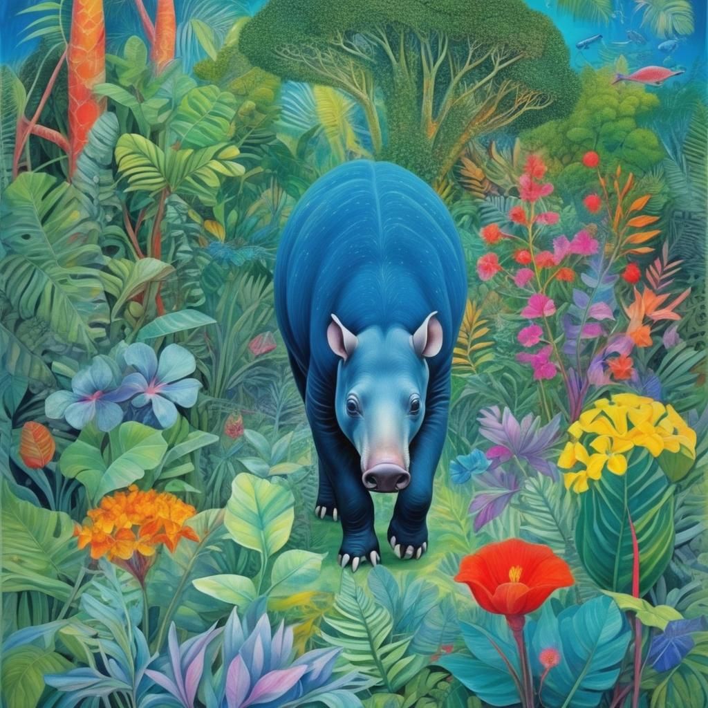Tapir Frolicking in Tropical Flora, Surrealist Style