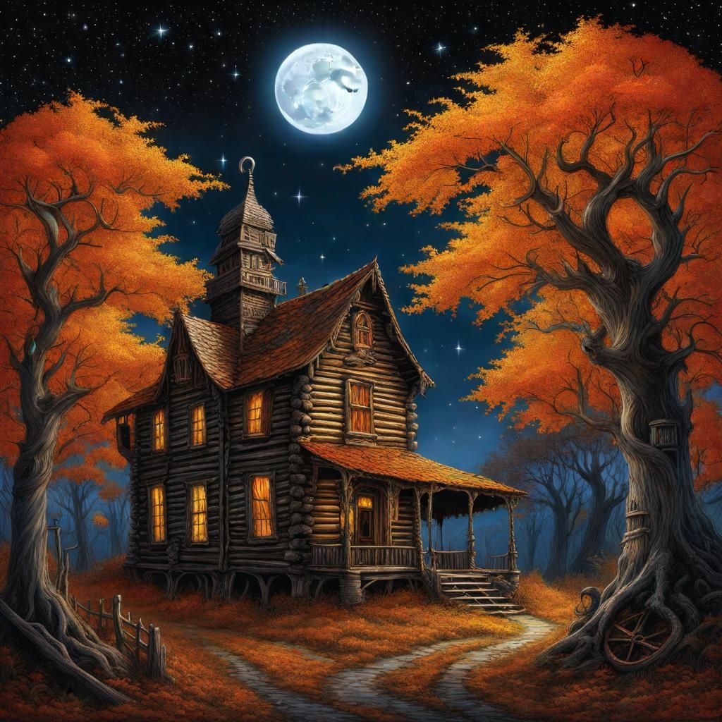 High Gothic Autumn Cabin Under Harvest Moon