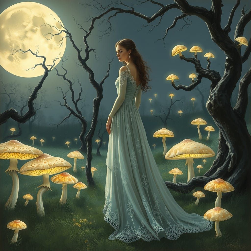 Surrealist Woman in Moonlit Garden with Glowing Mushrooms
