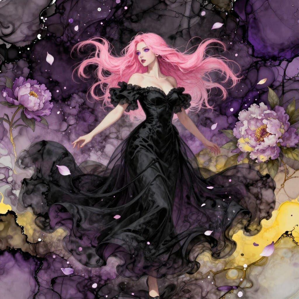 Pink Haired Woman in Peony Petal Blizzard