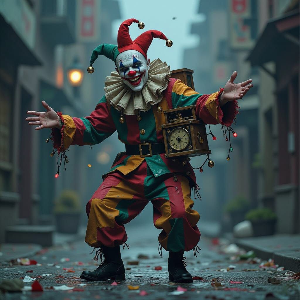 Grotesque Jester Dances on Trash in Hyperrealistic Style