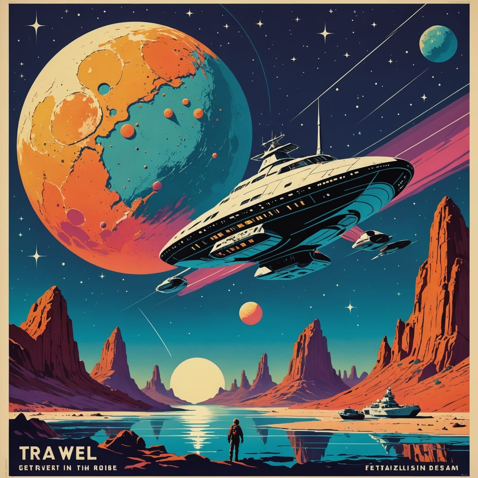 Vintage Space Travel Poster: Elegant Spaceship Lands on Exot...