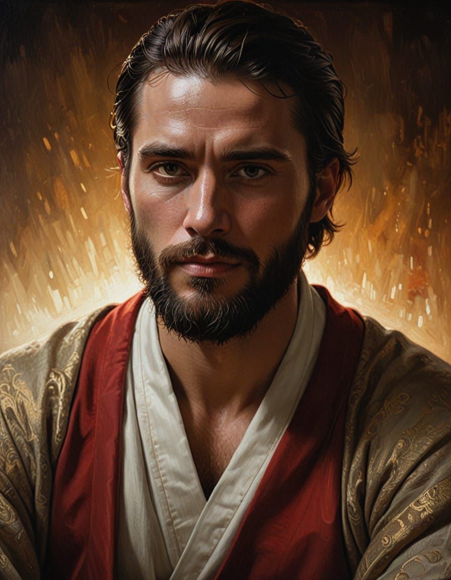 Elegant, Bearded Young Man in Warm, Golden Lighting