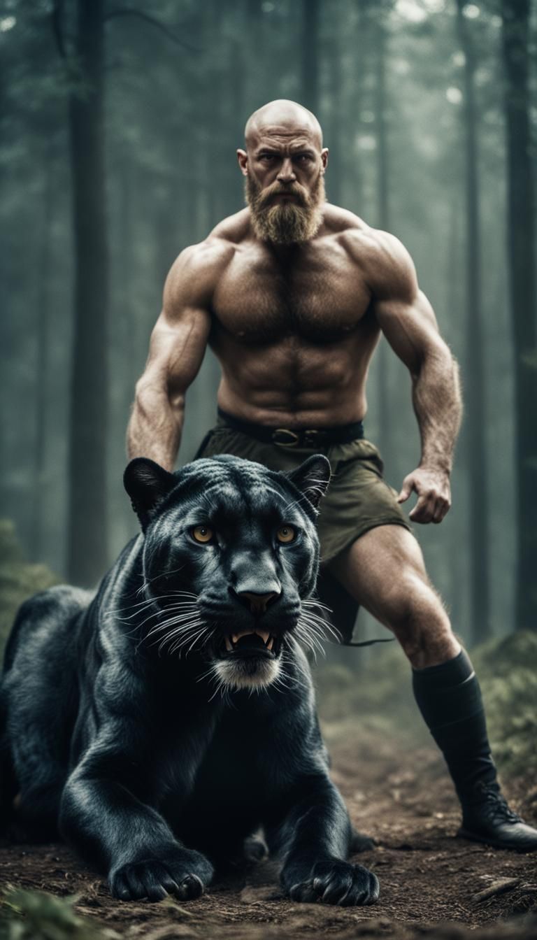 Slavic Man Dominates Panther in Cinematic Film Still