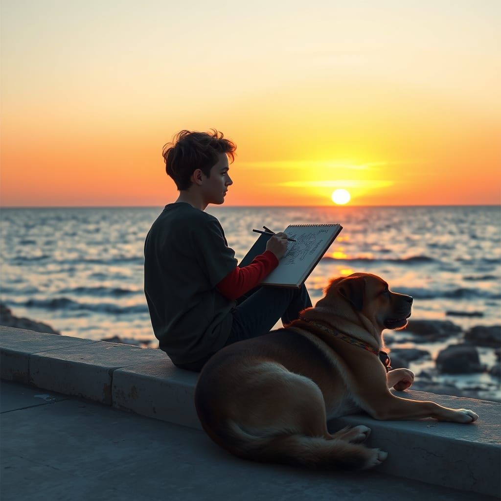 Artist Sketching Sunset with Dog