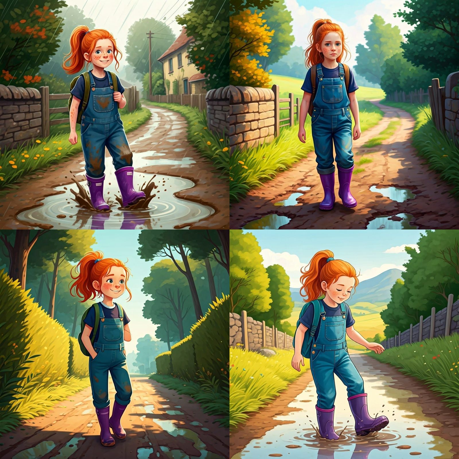 Ginger Girl Walking Home from School in Muddy Boots