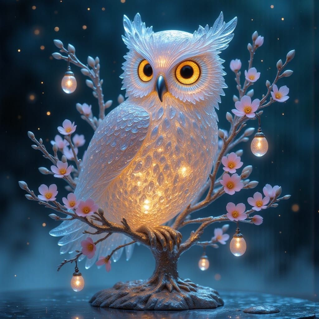 Majestic Glass Owl Sculpture in Whimsical Flux Style