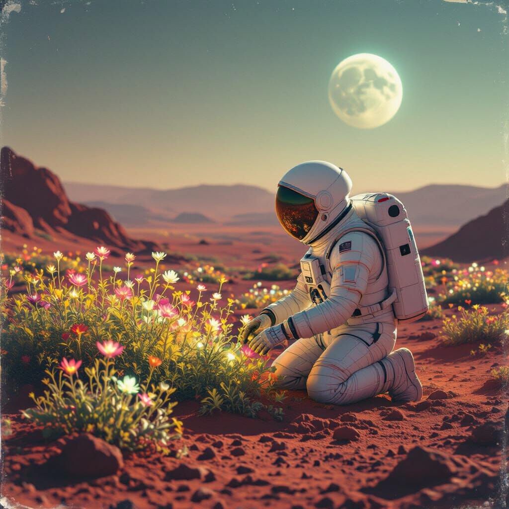 Astronaut Tends Glowing Martian Garden Under Earthlight, Vin...