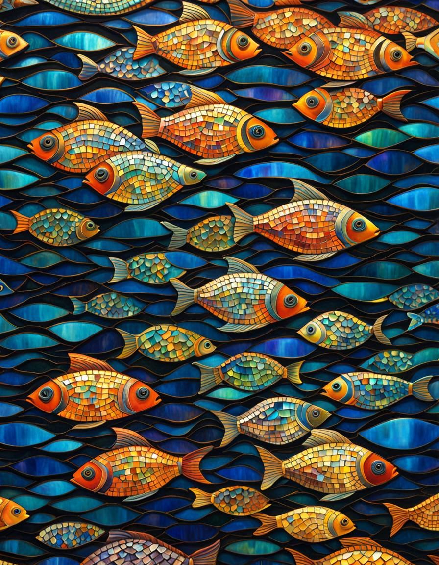 Colorful Fish School in Art Nouveau Mosaic