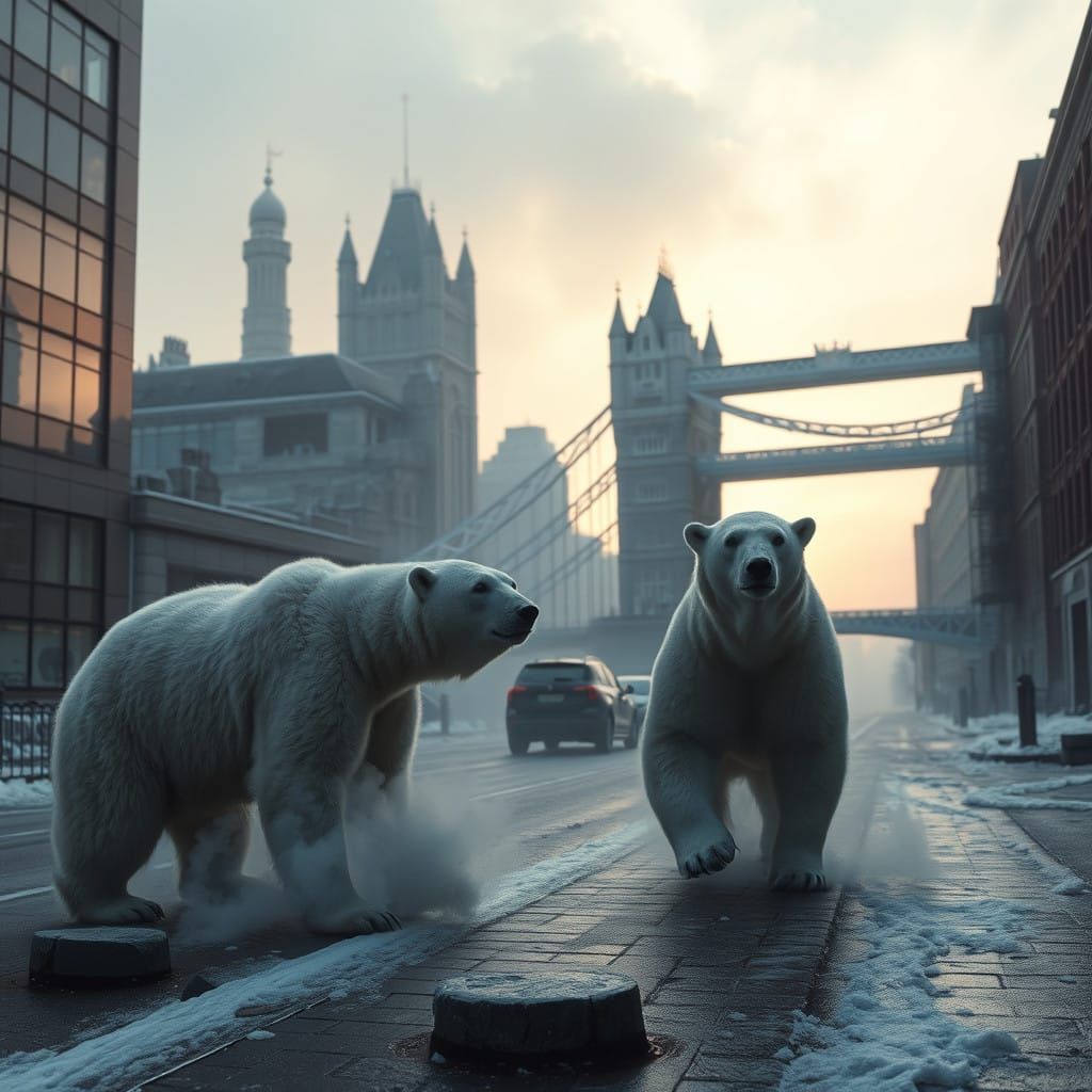 Surrealist Cityscape with Polar Bears Roaming Desolate Londo...