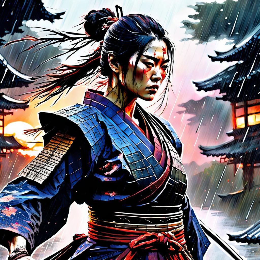 Woman Samurai Fight in Rainy Galaxy, Watercolor Art