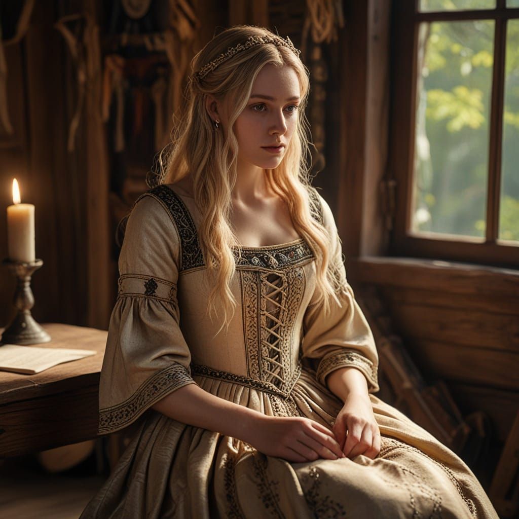 Stern Maiden in Sunlit Woodland Lodge