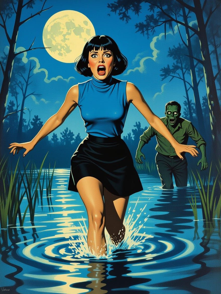 Woman Fleeing Zombie in Retro Horror Movie Poster