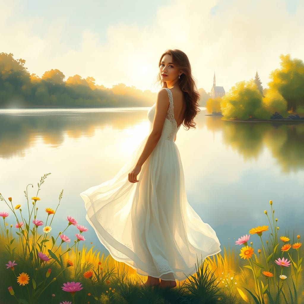 Serene Woman in Impressionist Landscape with Dreamy Textures