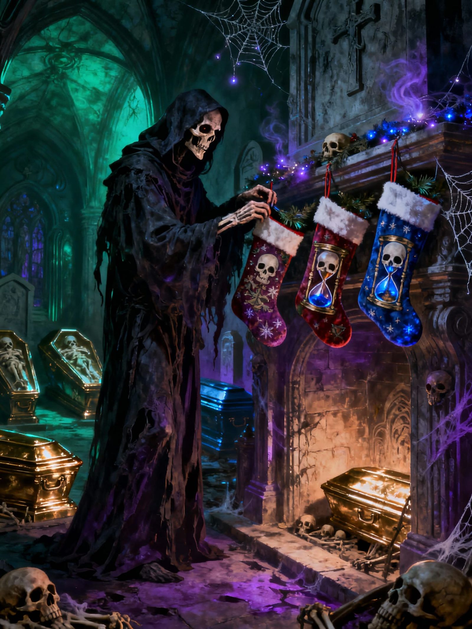 Grim Reaper Hangs Macabre Christmas Stockings in Mausoleum