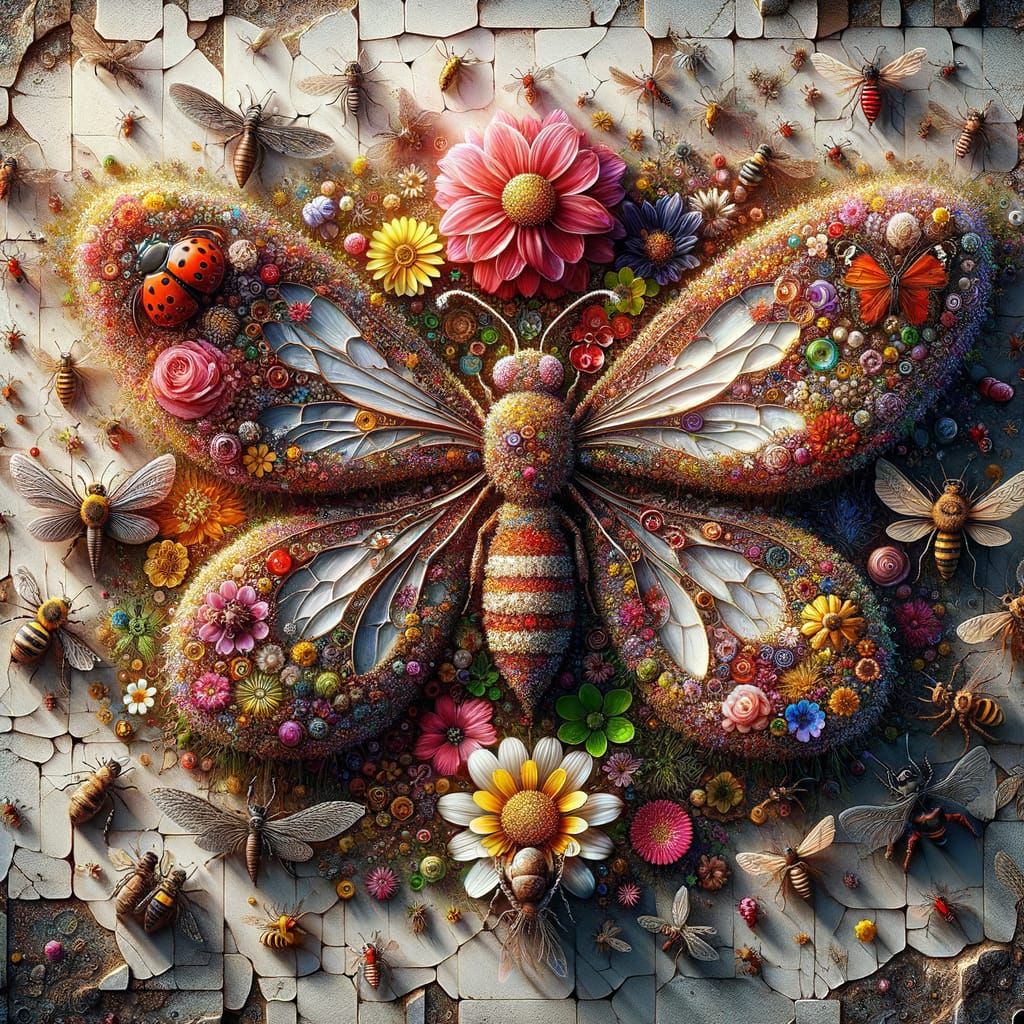 Fantasy Flower Mosaic Made from Insects Against Ancient Ston...