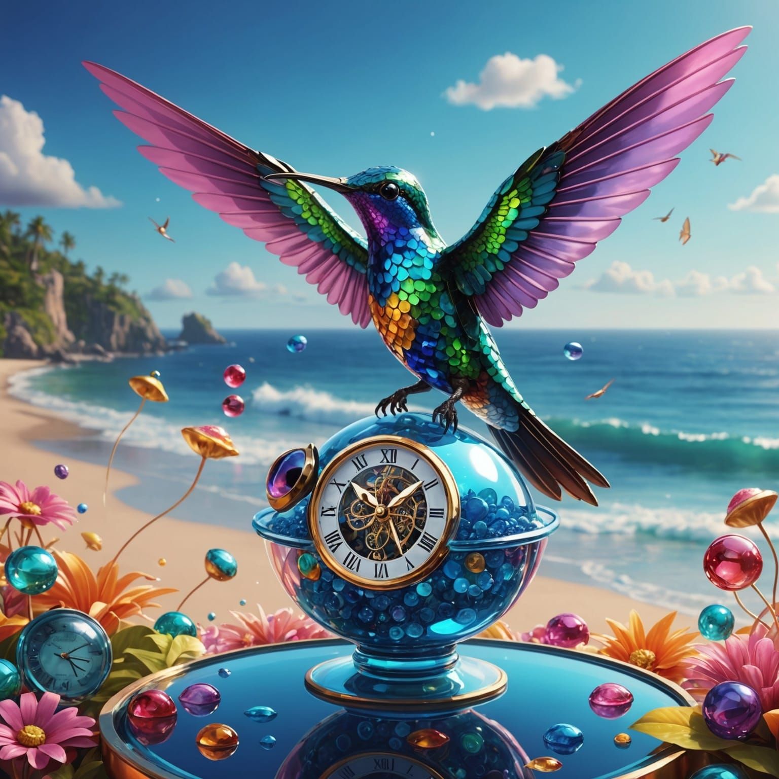 Glass Hummingbird with Sapphire Clocks in Candy Art