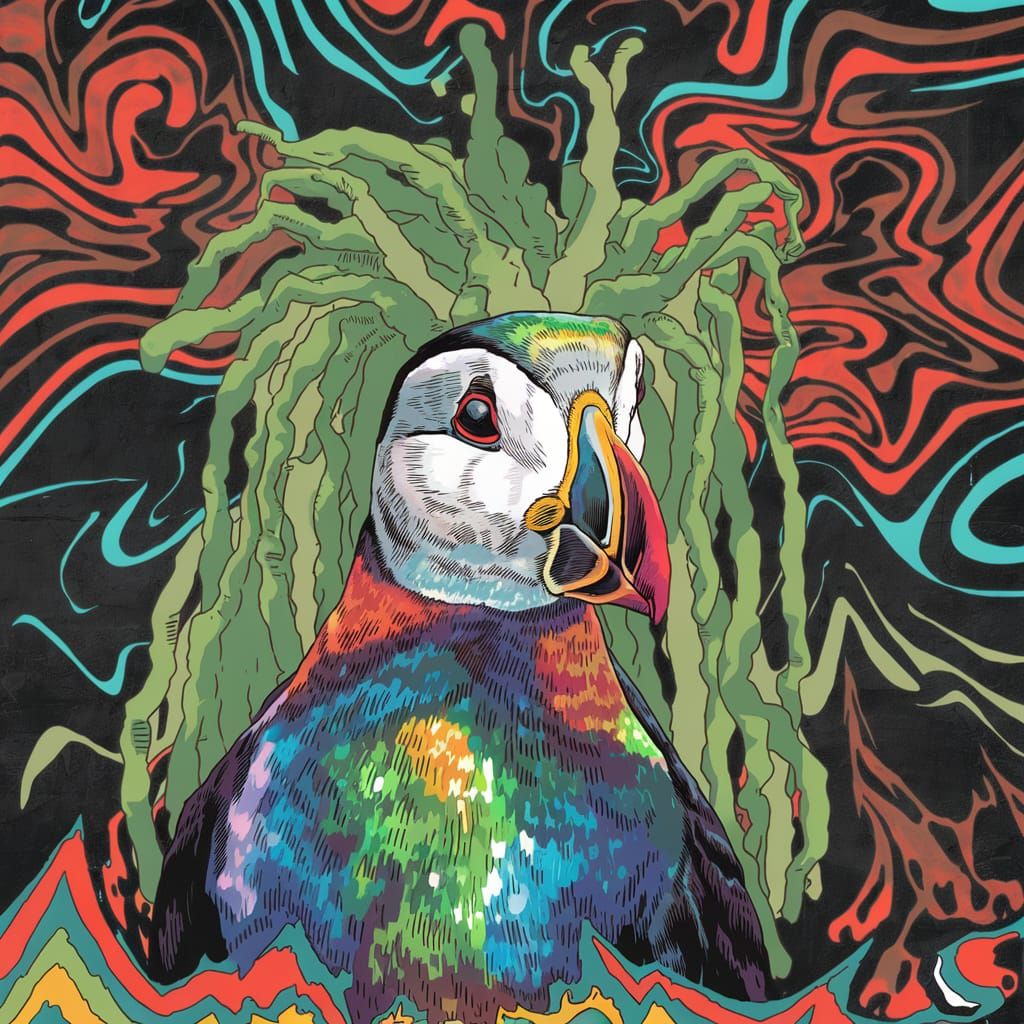 Psychedelic Puffin with Dreadlocks in Raster Style