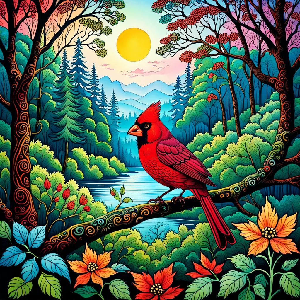 Red Cardinal Bird Zentangle in Colorful Forest