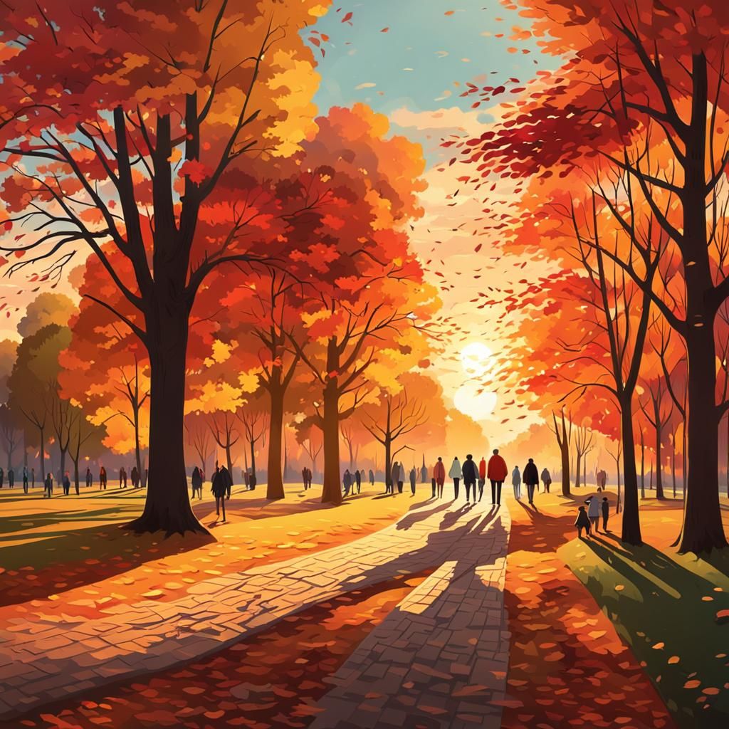 Autumn Sunset Park Scene in Digital Art