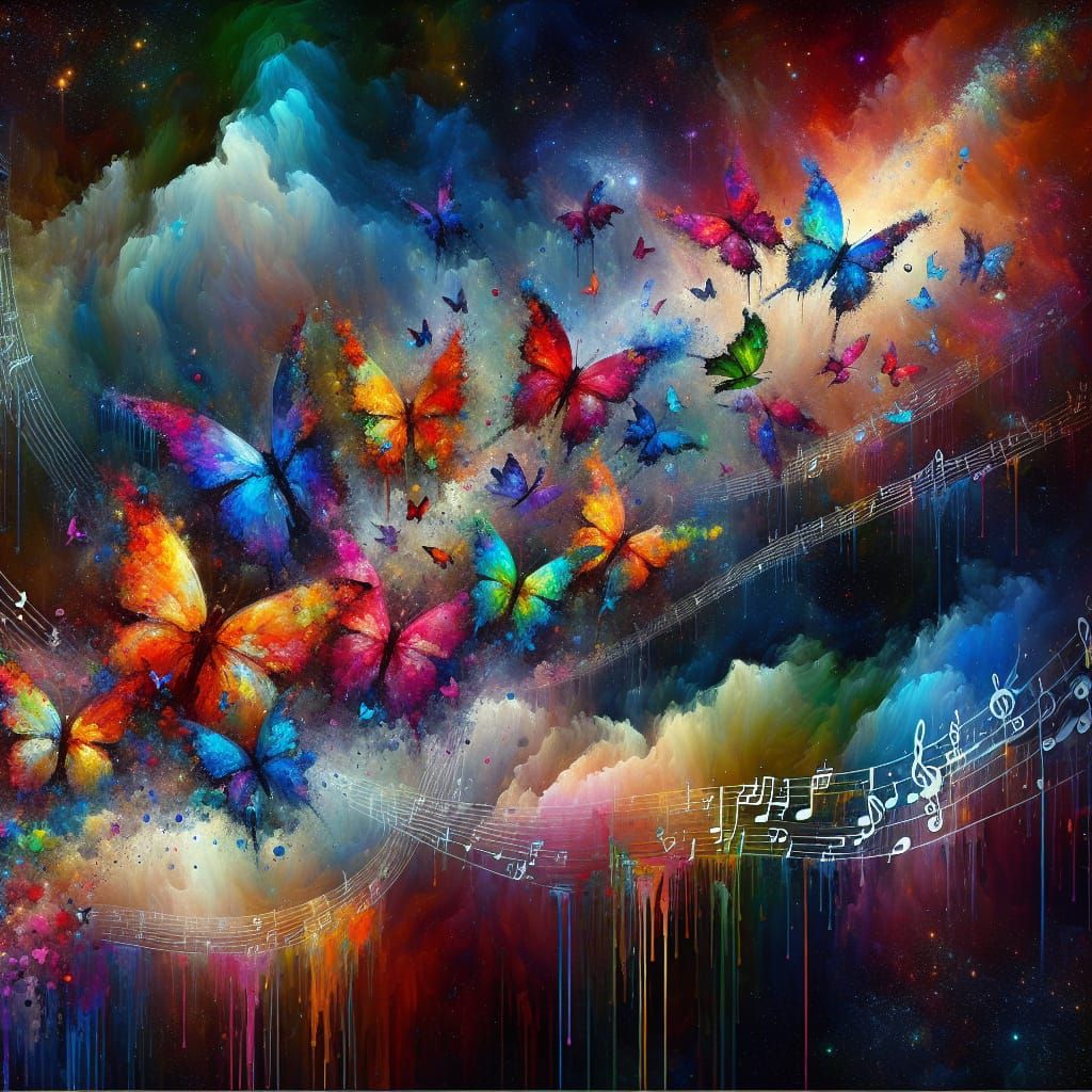 Rainbow Butterflies Soaring Through Space in Street Art Styl...
