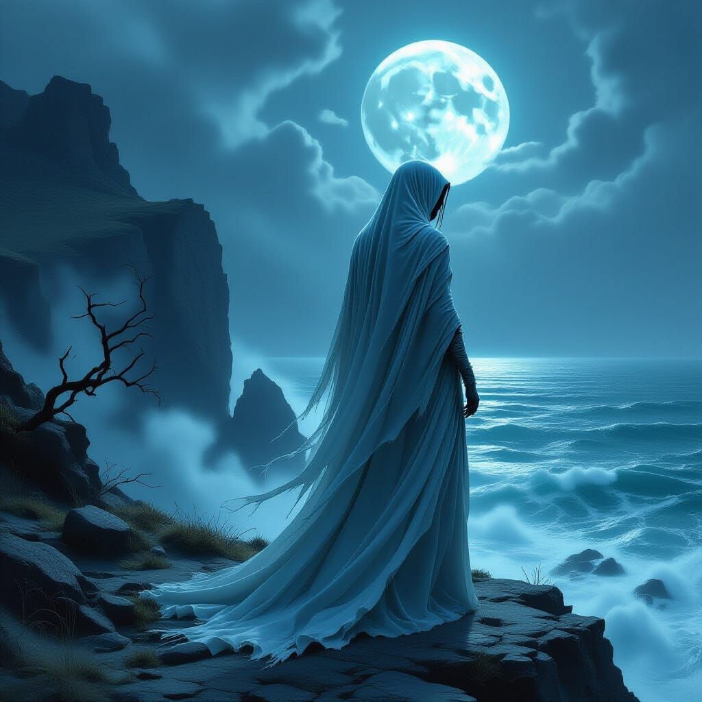 Spectral Woman on Windswept Cliff Overlooking Moonlit Sea