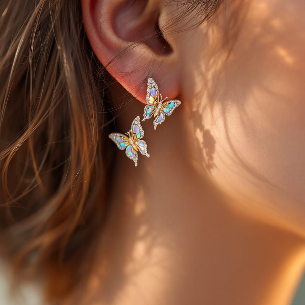 Hyperrealistic Close-Up of Woman's Ear with Gemstone Butterf...