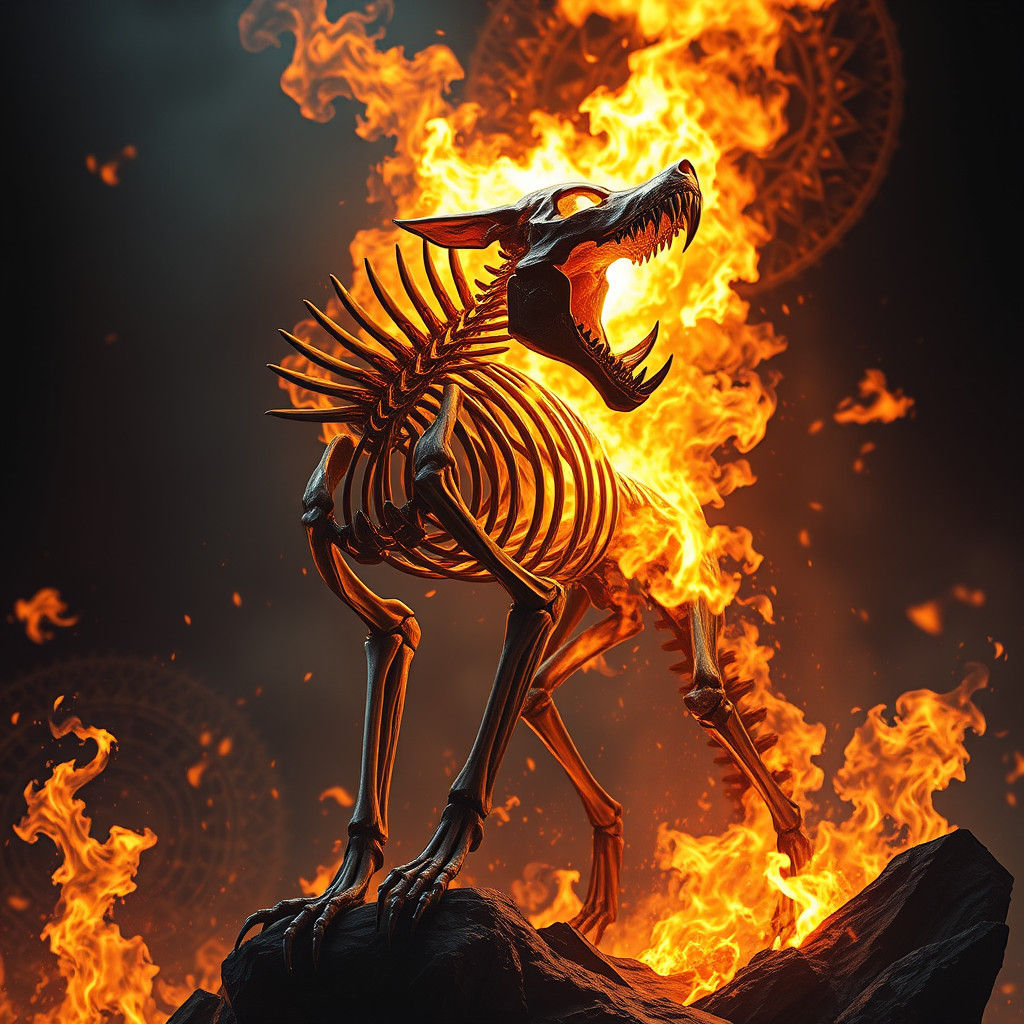 Fiery Wolf Skeleton in Fantasy Art Style
