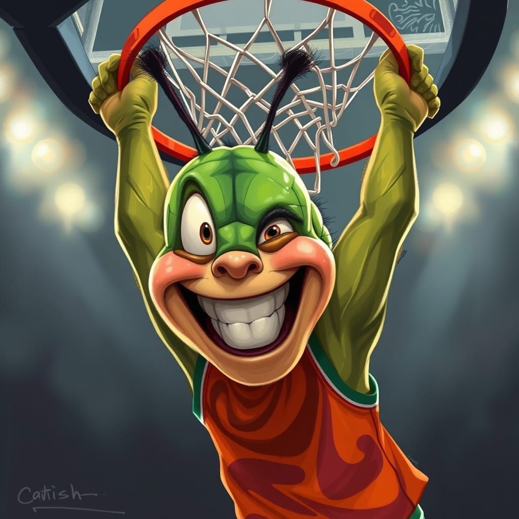 Cartoon Caterpillar Basketball Player with Dynamic Brushstro...