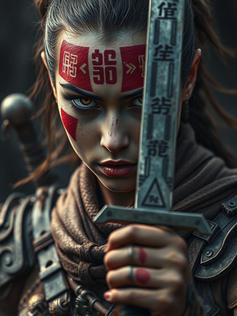 Fierce Female Warrior with Katana, Hyper-Realistic Digital A...
