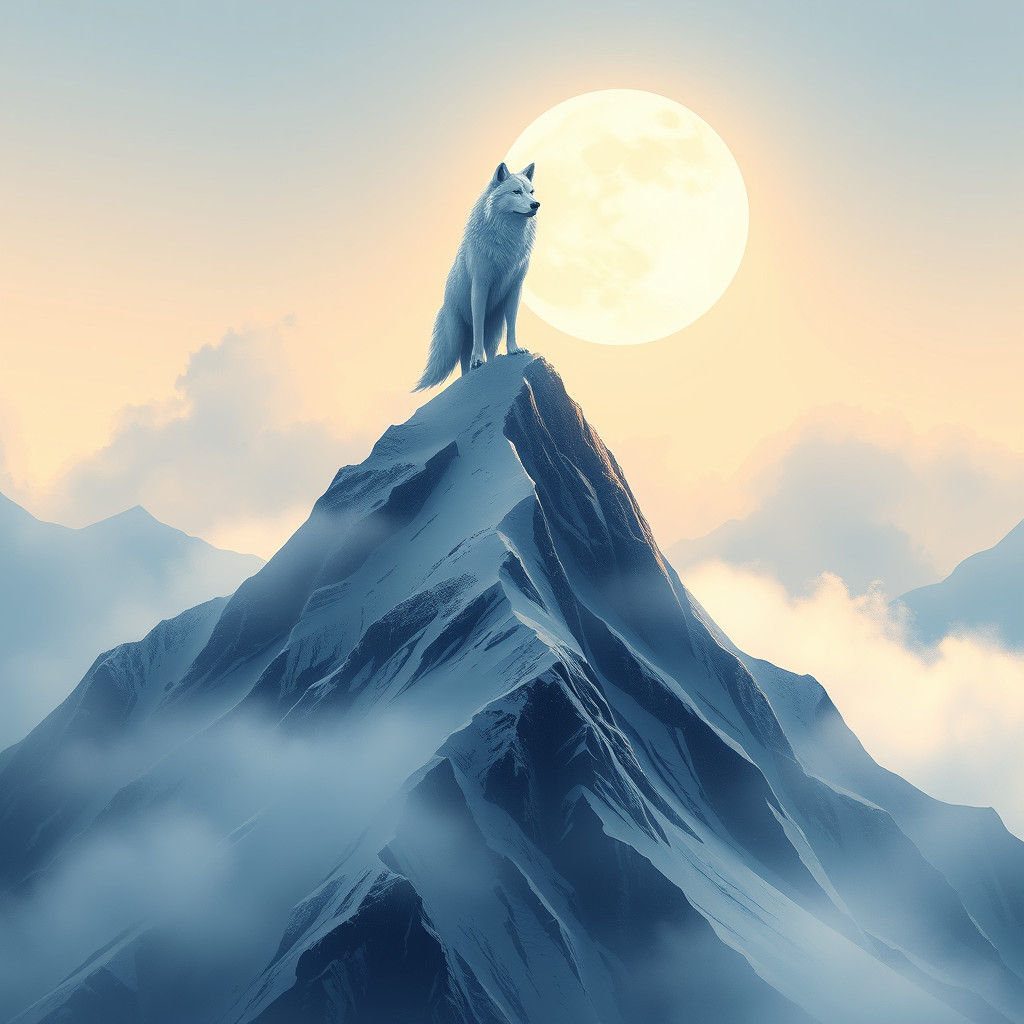 Majestic White Wolf on Misty Mountain in Anime Style