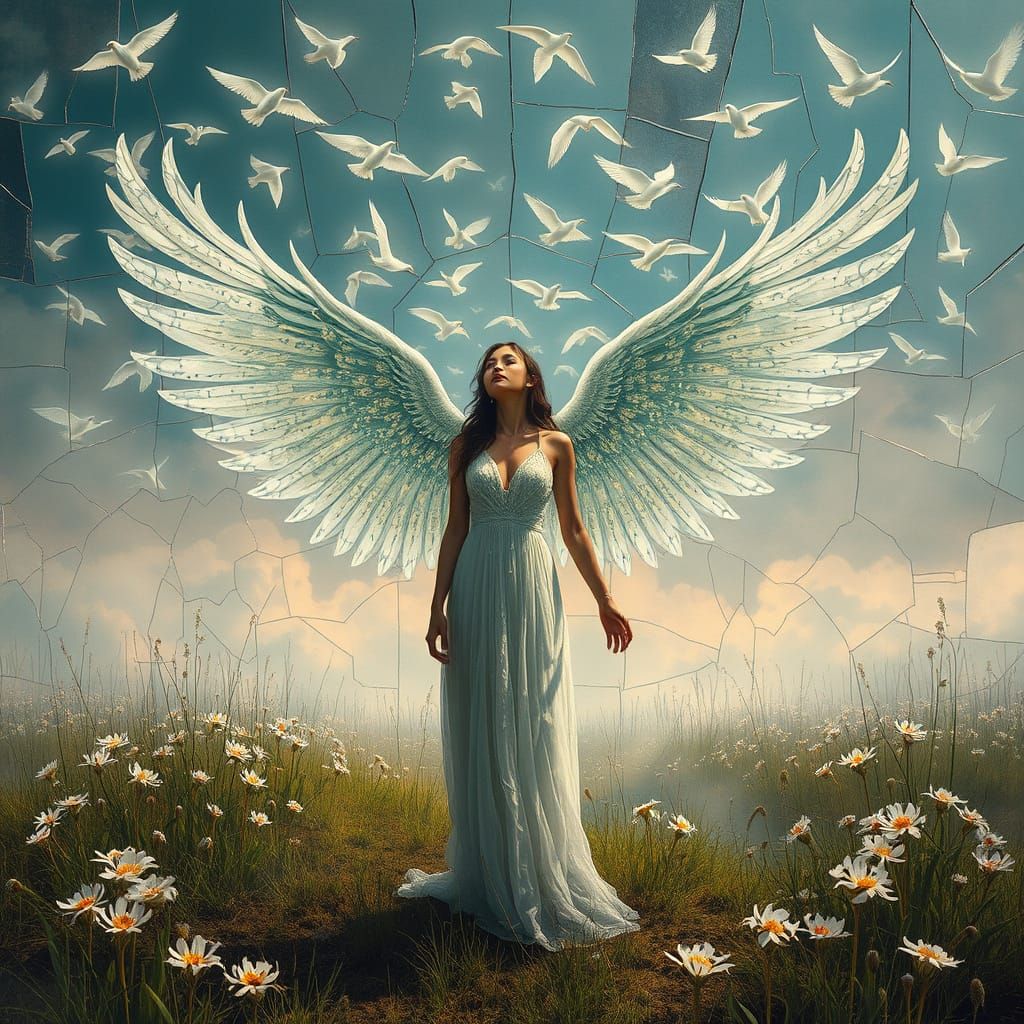 Woman with Fritillaria Flower Wings in Dream Landscape