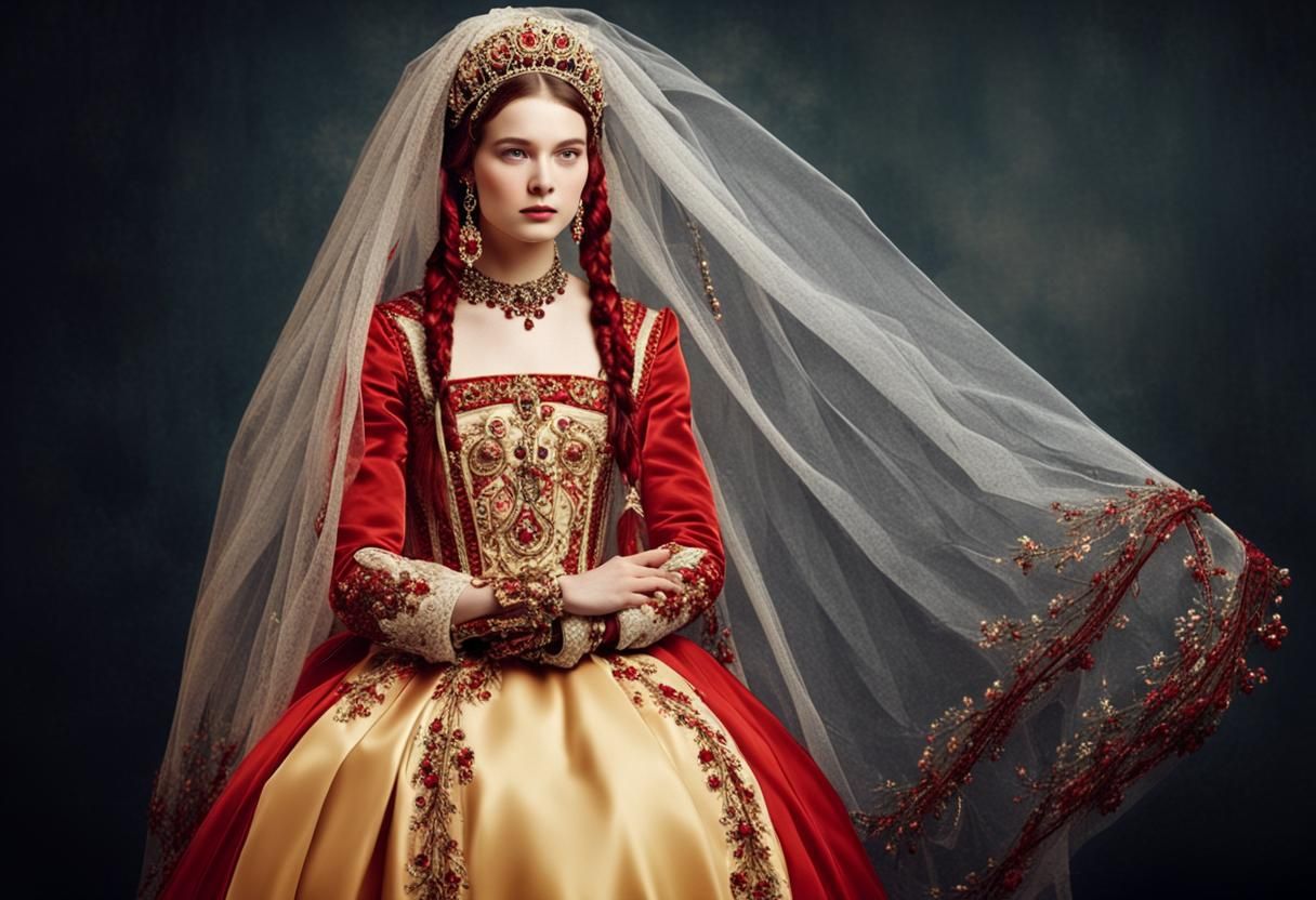 Elegant Russian Princess with Kokoshnik and Veil