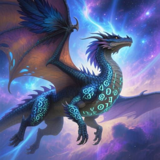 Majestic Feathered Dragon in Cosmic Flight