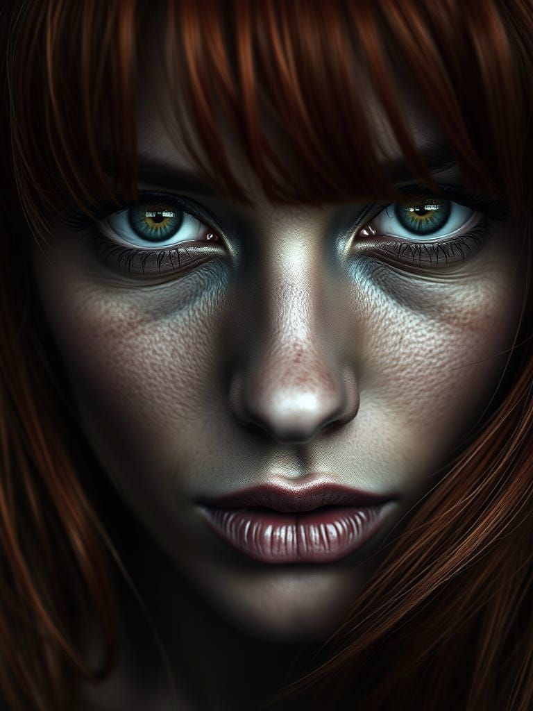 Close Portrait of a Red-Headed Woman Displaying Fear