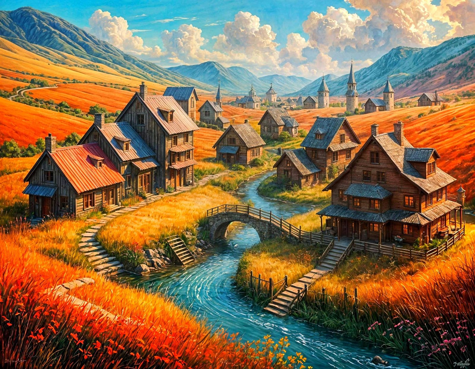 Red Landscape Painting of Nostalgic Village at Sunrise