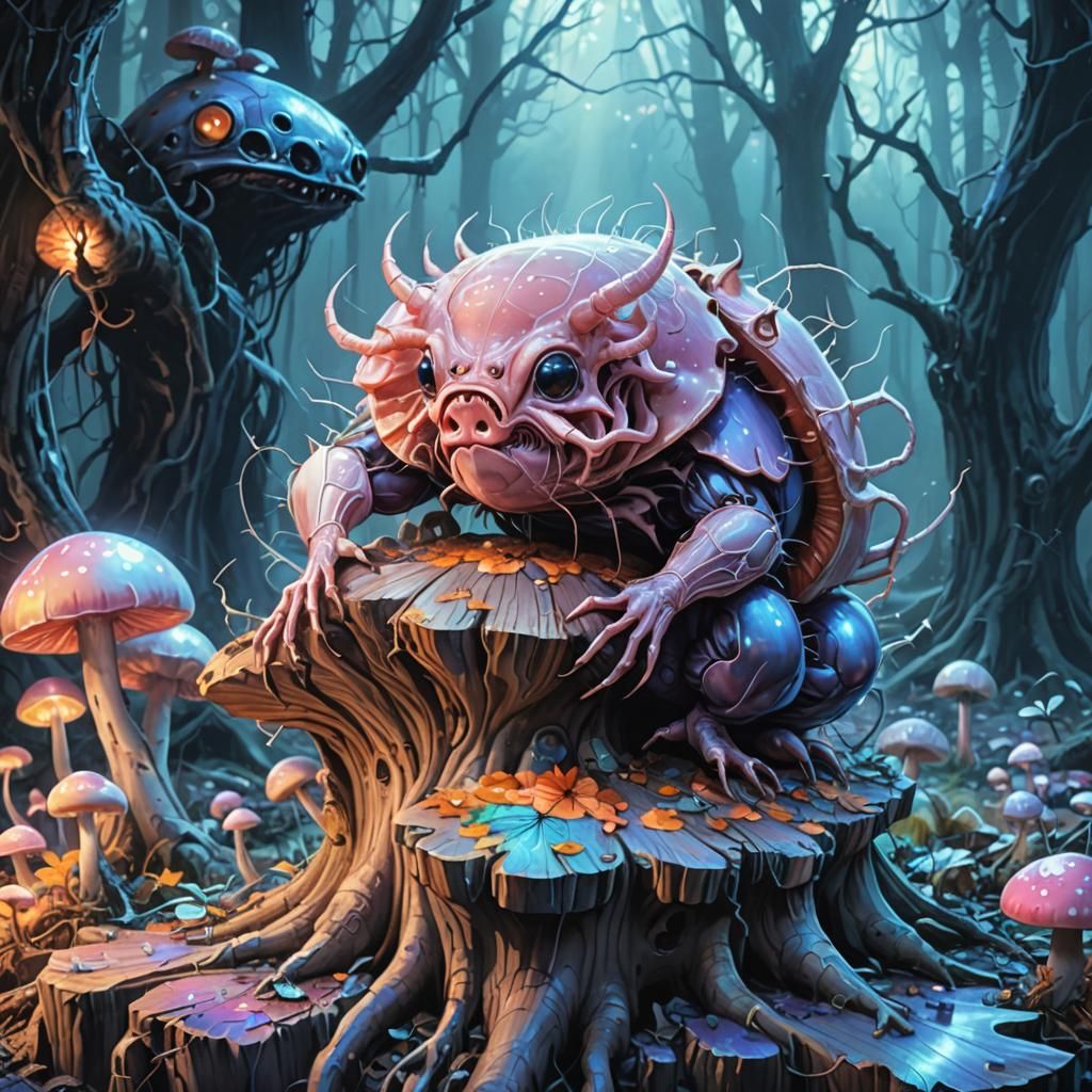 Mystical Spider-Pig in Surreal Forest Illustration