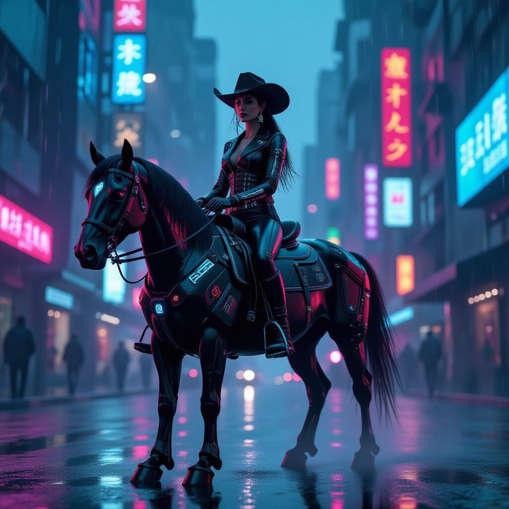 Cyberpunk Cowgirl Rides Neon-Drenched Metropolis
