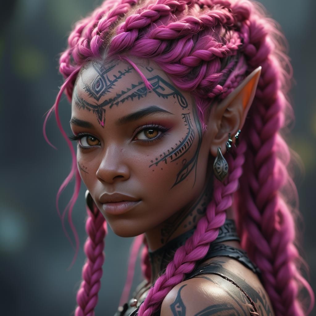 Elven Woman Portrait with Tribal Tattoo in Fantasy Art