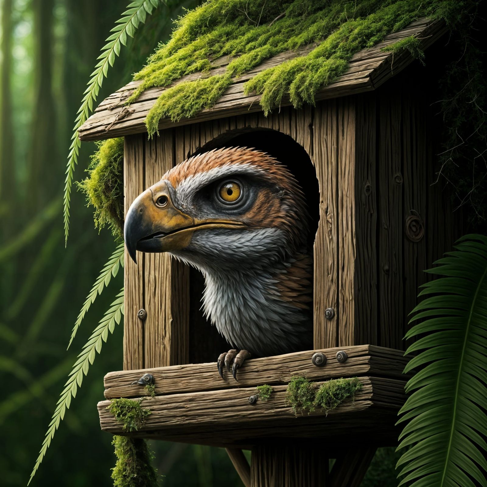 Prehistoric Bird in Primitive Birdhouse