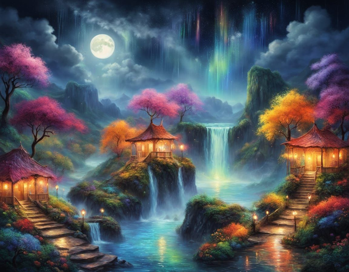 Whimsical Fantasy World with Colorful Rainstorm