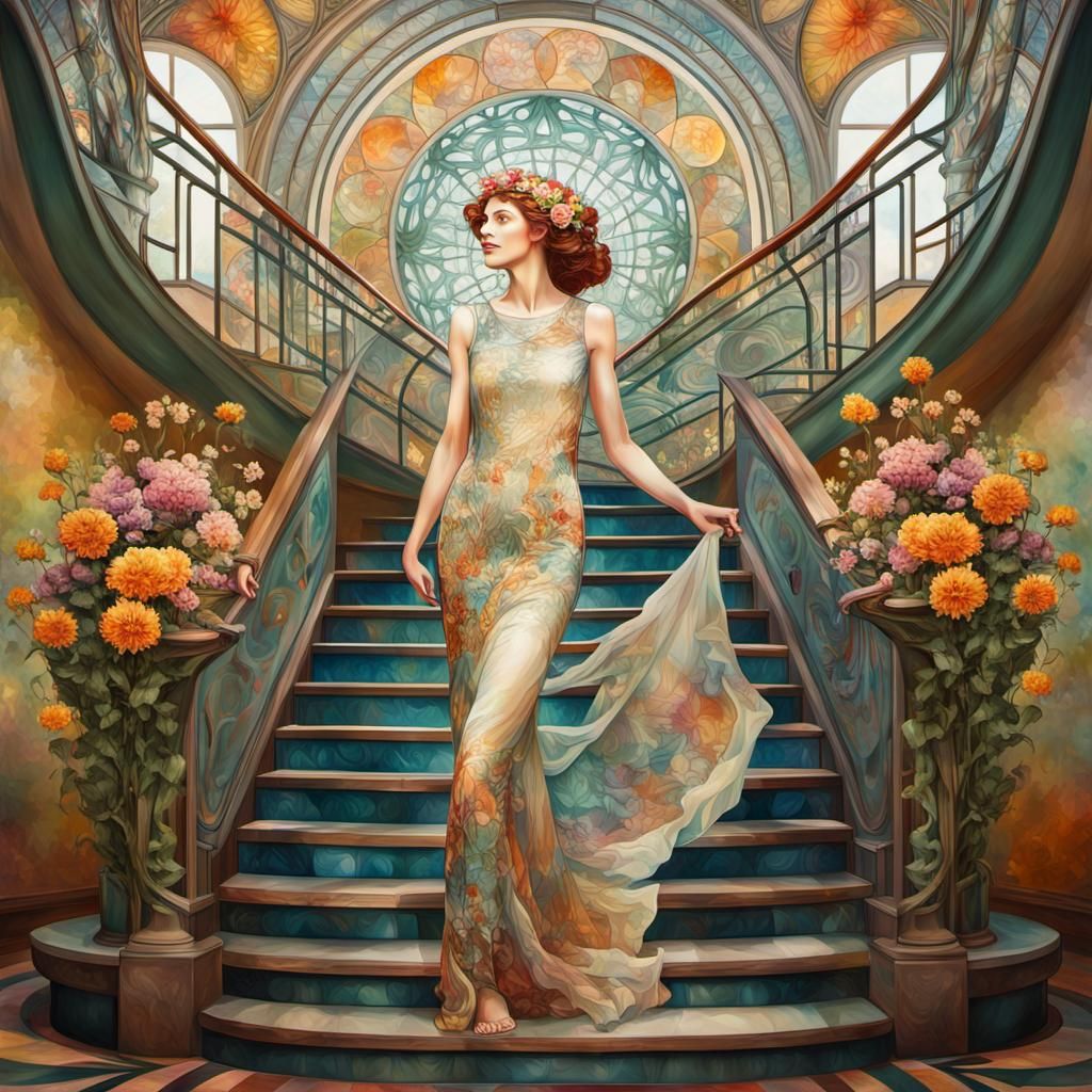 Art Nouveau Girl on Floral Stairway as Oil Painting