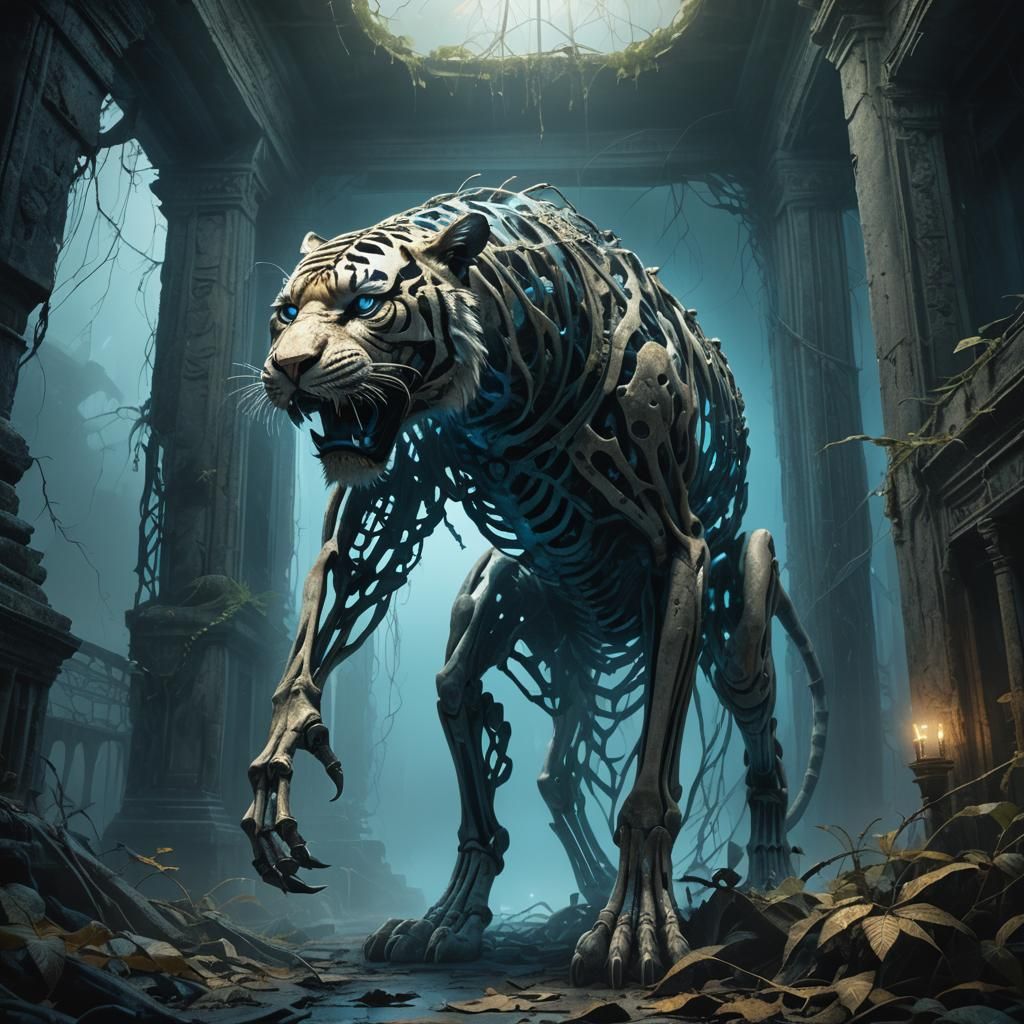Eerie Skeletal Tiger in Abandoned Temple