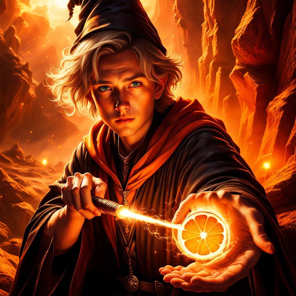Young Wizard Casting Orange Beam with Wand