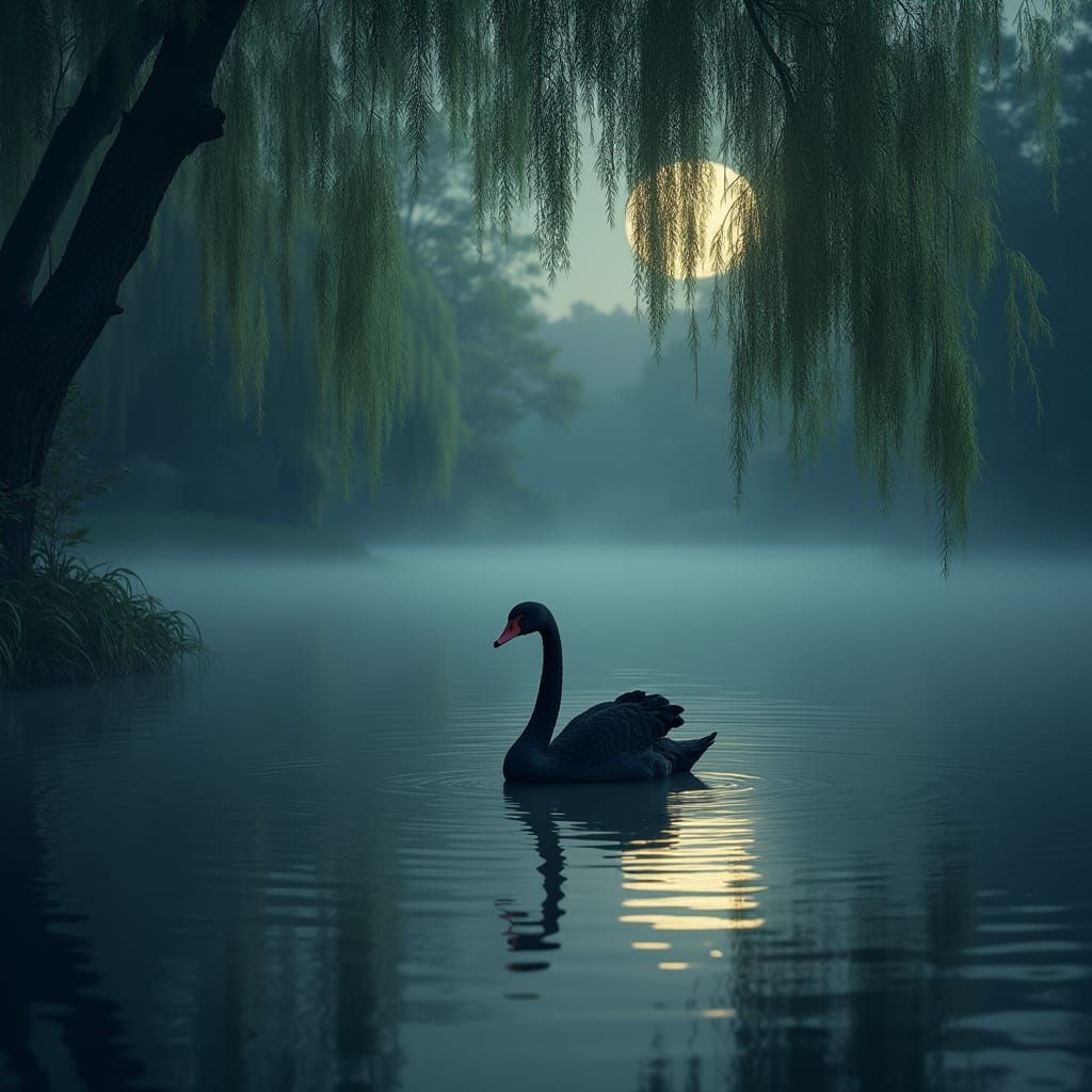 Mysterious Black Swan in Full Moon Glow