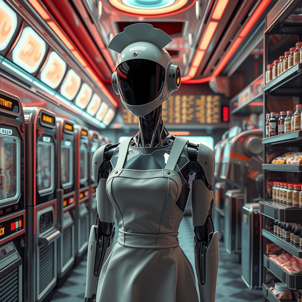 Retro Futuristic Maid Robot Amidst Vintage Drink Machines an...