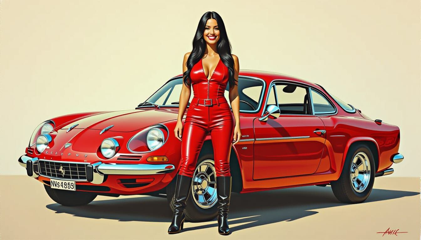 Ruby Red Alpine A110 with Woman, NC Wyeth Style Painting